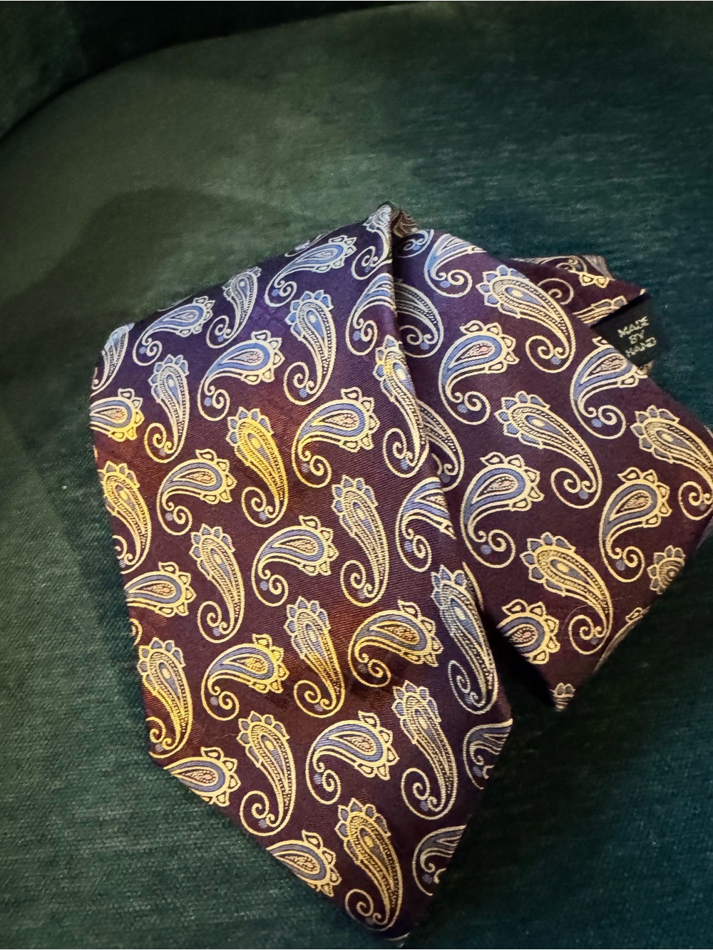 Polo Ralph Lauren Burgandy Paisley Silk Tie with Gold Accents Handmade